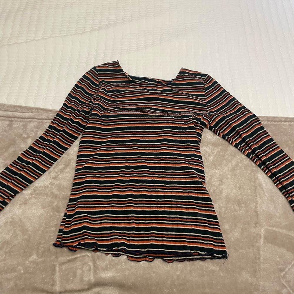 Striped long sleeve lettuce edge shirt